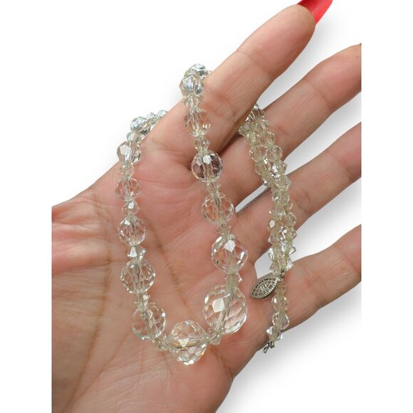 Art Deco Sterling Silver Faceted Crystal Bead Necklace On Chain 16.5" - Picture 5 of 5
